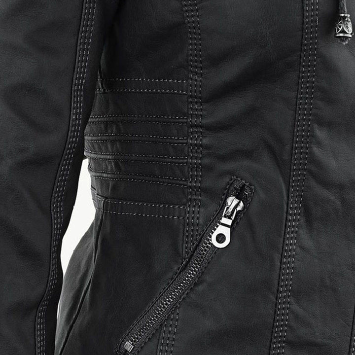 Emily | Women's Leather Biker Jacket with Removable Hood and Zip Detail
