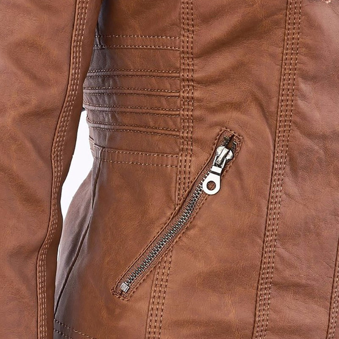 Emily | Women's Leather Biker Jacket with Removable Hood and Zip Detail