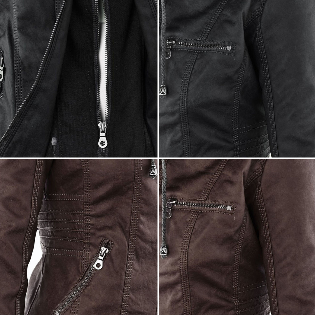 Emily | Women's Leather Biker Jacket with Removable Hood and Zip Detail
