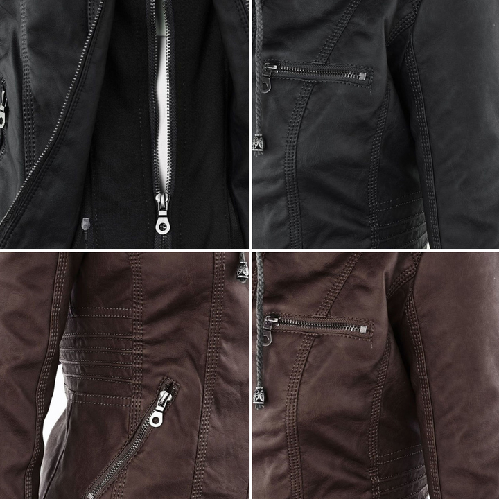 Emily | Women's Leather Biker Jacket with Removable Hood and Zip Detail