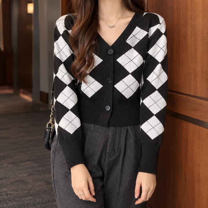 Karina | Cropped Argyle Cardigan with V-Neckline