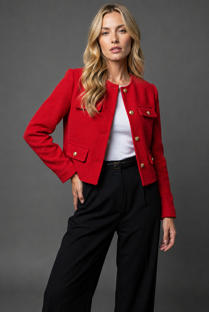 Rosa | Cropped Tweed Blazer with Gold Buttons and Flap Pockets