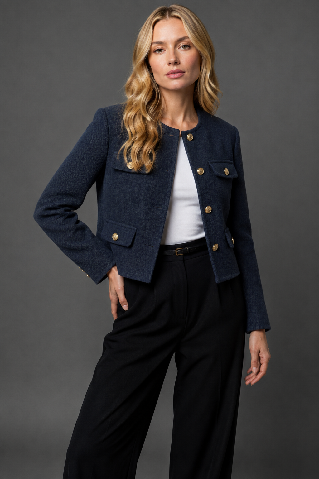 Rosa | Cropped Tweed Blazer with Gold Buttons and Flap Pockets