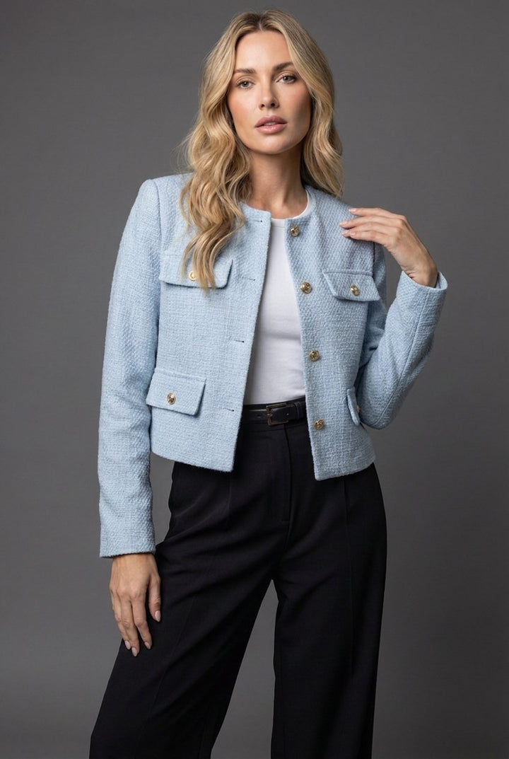 Rosa | Cropped Tweed Blazer with Gold Buttons and Flap Pockets
