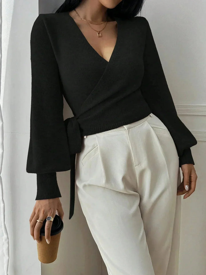Tillie | Cropped Wrap Knit Sweater with Tie Waist and V-Neckline