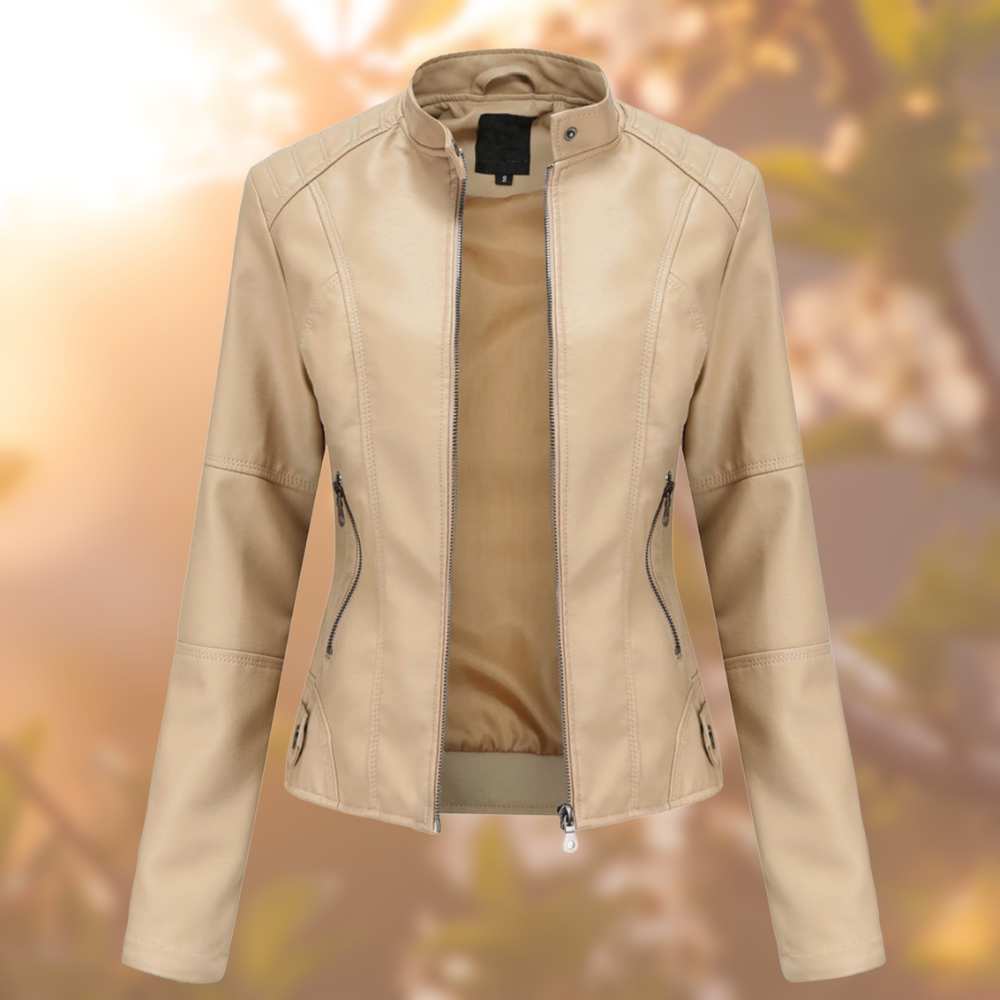 Sophia | Classic Black Leather Jacket with Zip Closure