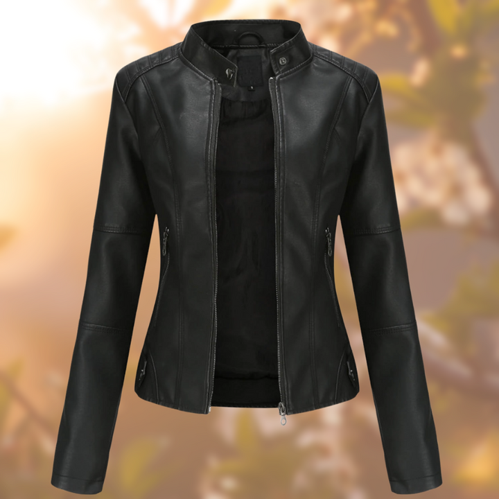 Sophia | Classic Black Leather Jacket with Zip Closure