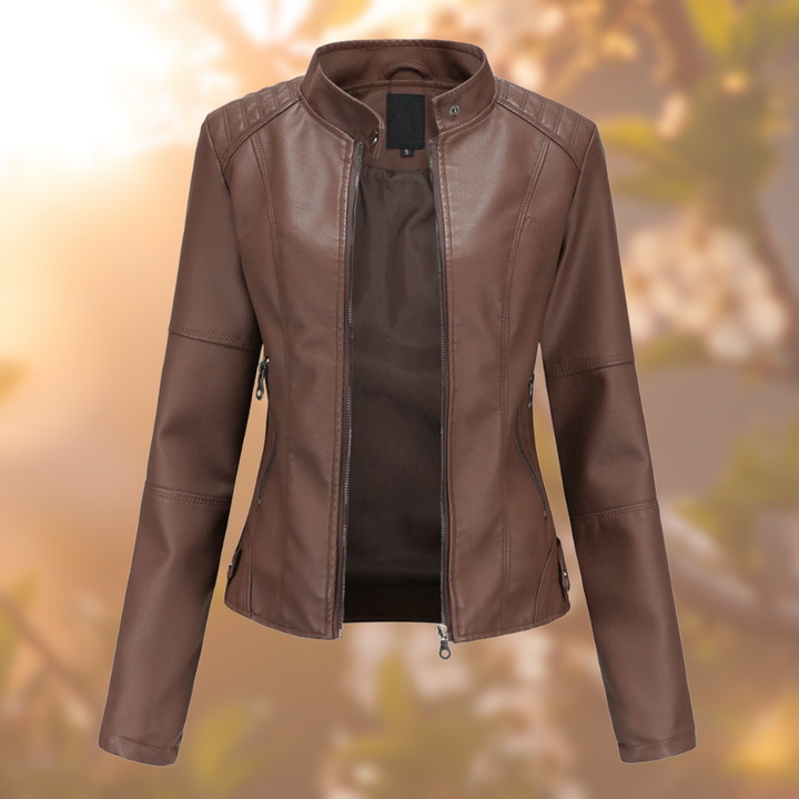 Sophia | Classic Black Leather Jacket with Zip Closure