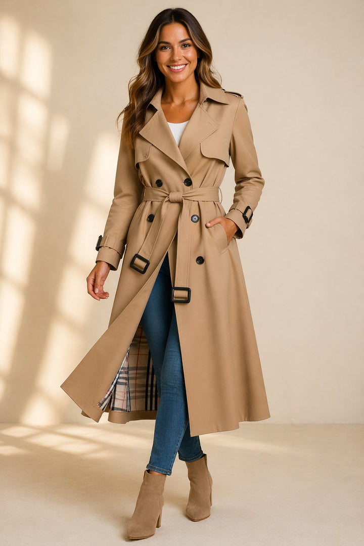Jazmine | Double Breasted Long Trench Coat with Belt and Check Lining