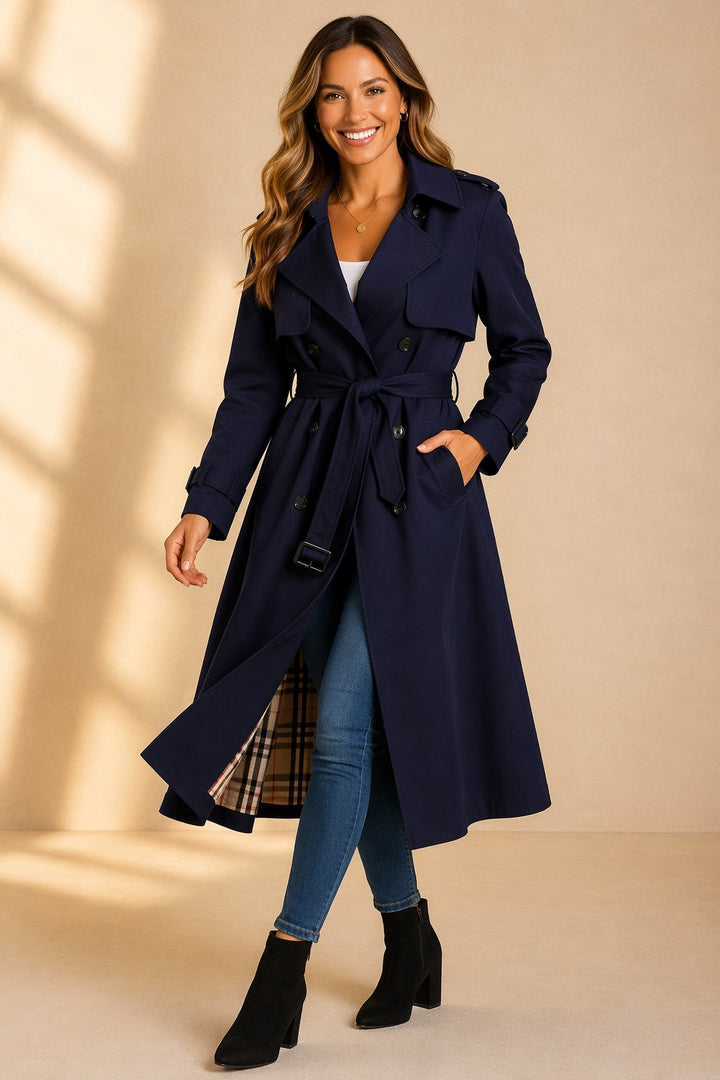 Jazmine | Double Breasted Long Trench Coat with Belt and Check Lining
