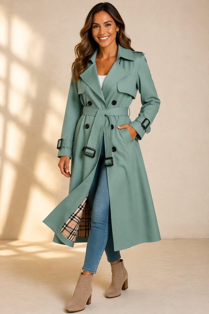 Jazmine | Double Breasted Long Trench Coat with Belt and Check Lining