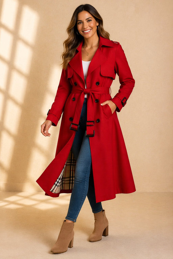 Jazmine | Double Breasted Long Trench Coat with Belt and Check Lining