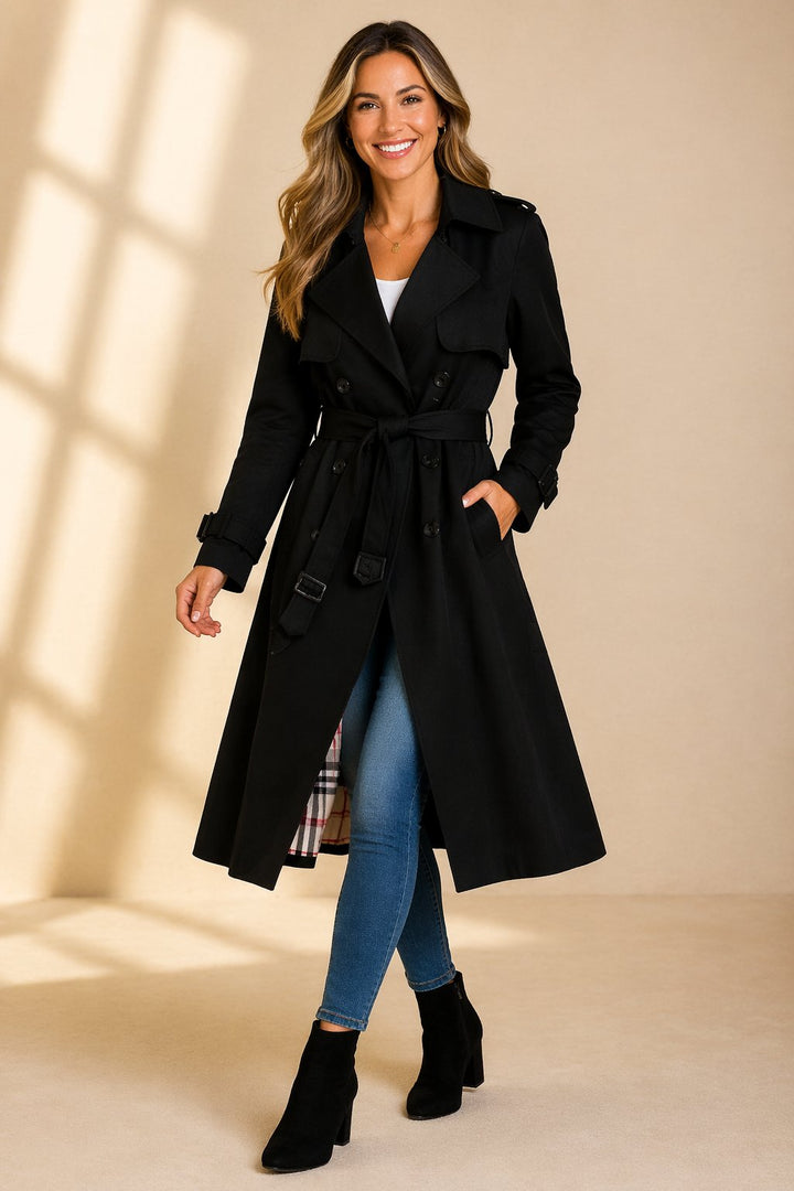 Jazmine | Double Breasted Long Trench Coat with Belt and Check Lining