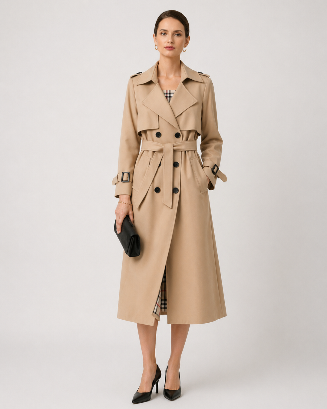 Karla | Double Breasted Long Trench Coat with Check Lining and Belt