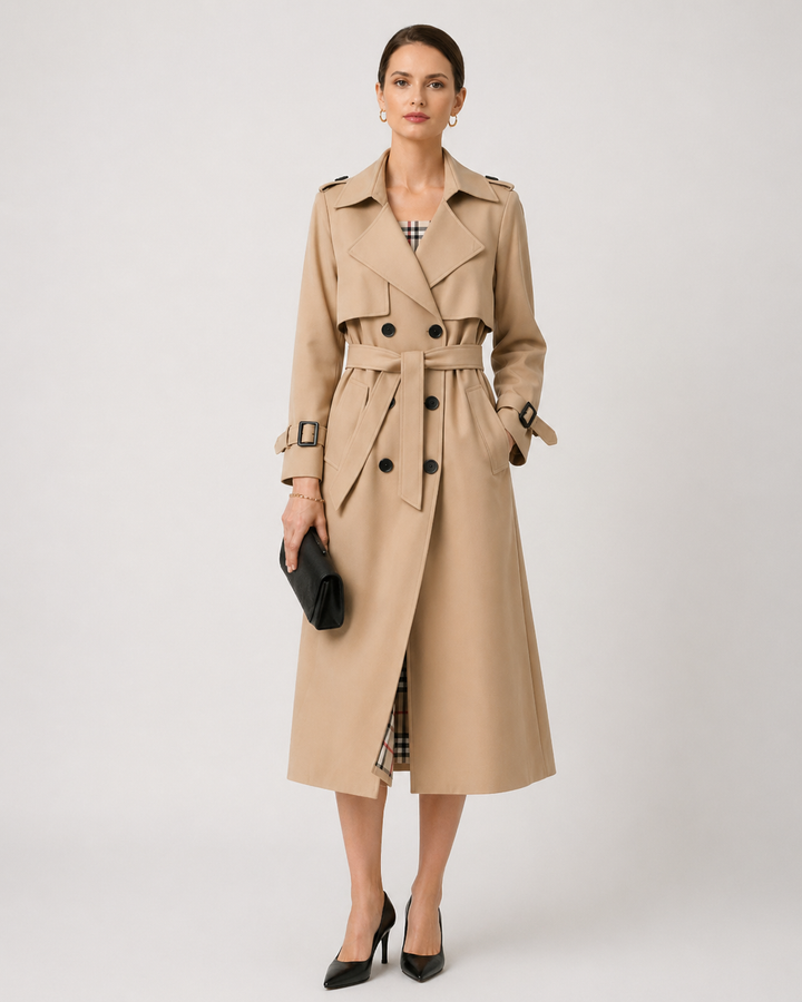 Karla | Double Breasted Long Trench Coat with Check Lining and Belt