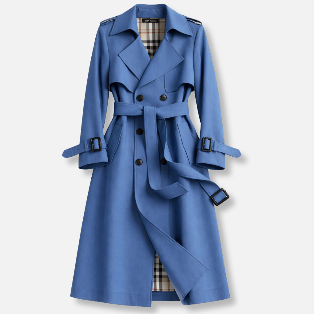 Karla | Double Breasted Long Trench Coat with Check Lining and Belt