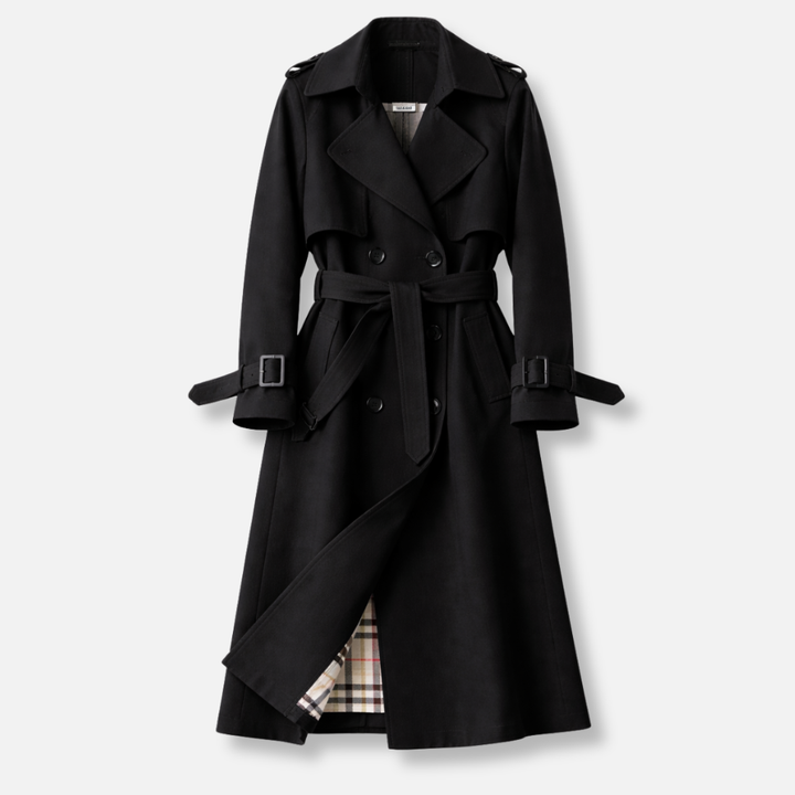 Karla | Double Breasted Long Trench Coat with Check Lining and Belt