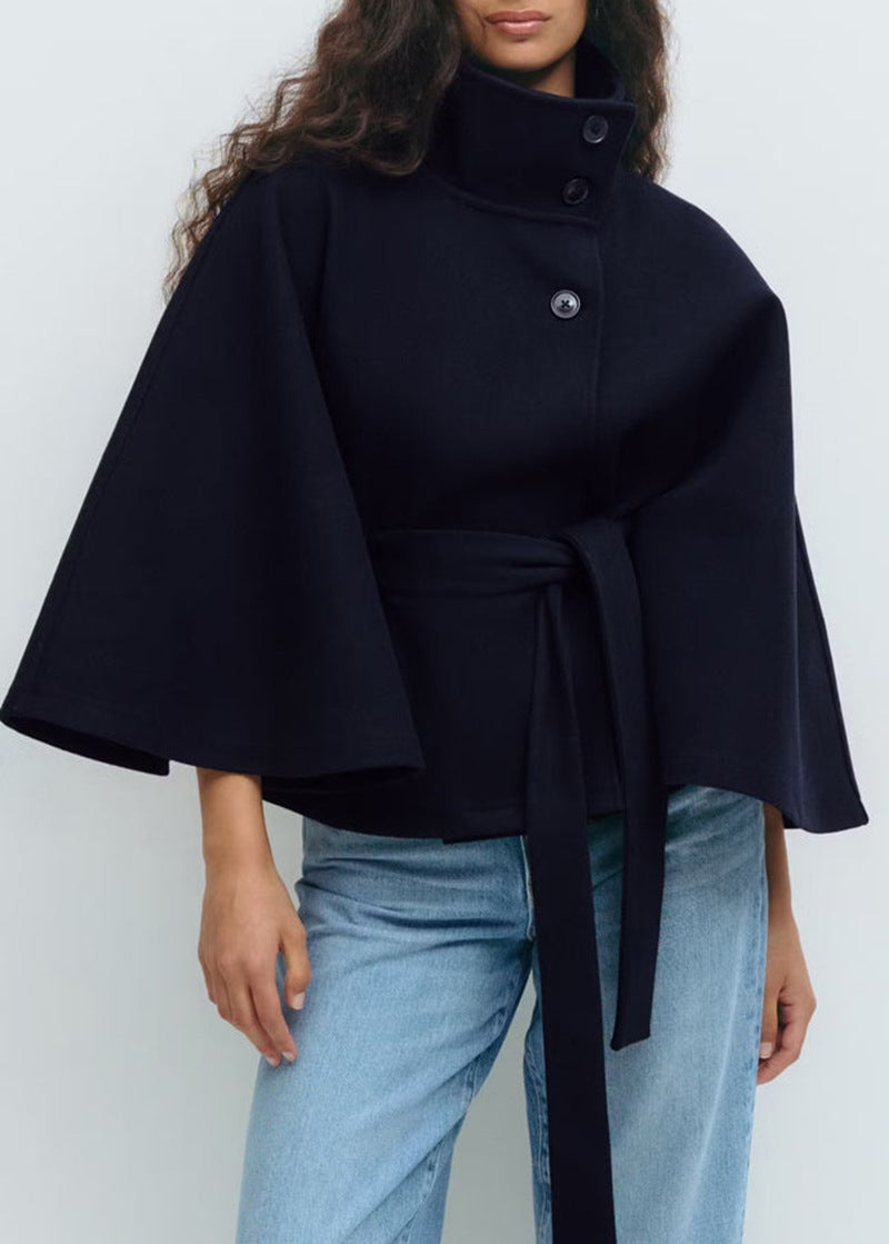 Ottilie | Elegant Belted Cape Coat with Stand Collar and Button Closure