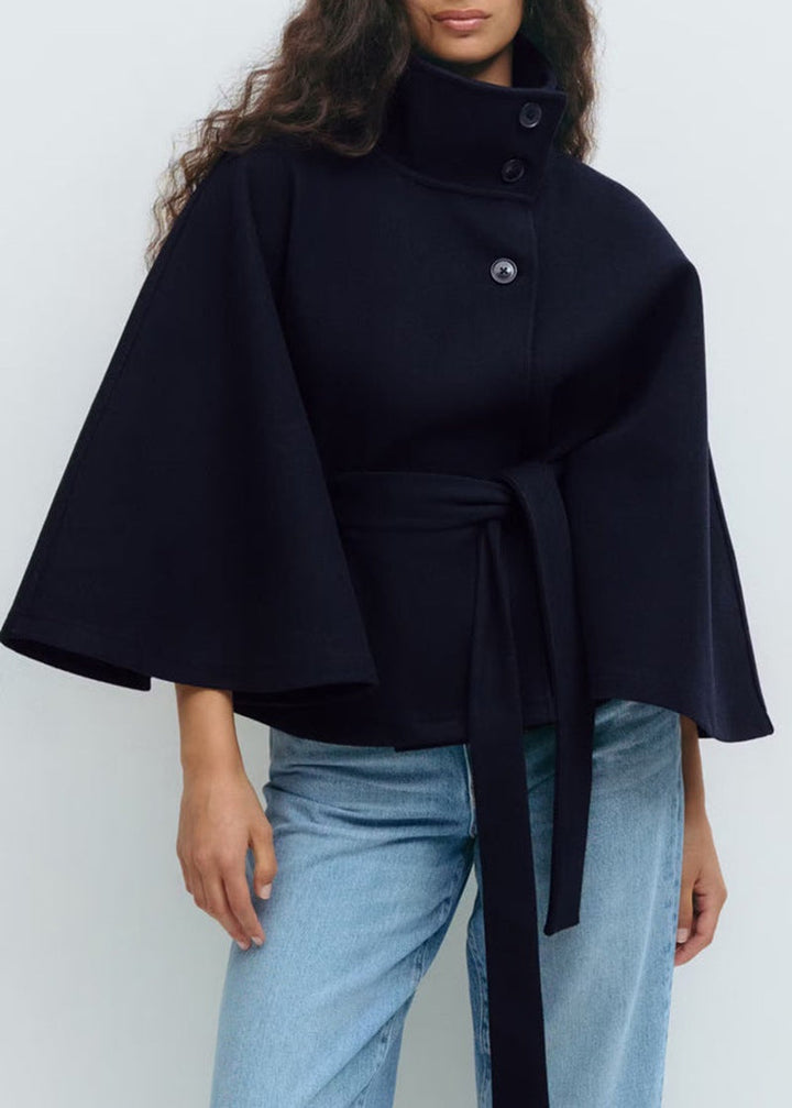Ottilie | Elegant Belted Cape Coat with Stand Collar and Button Closure
