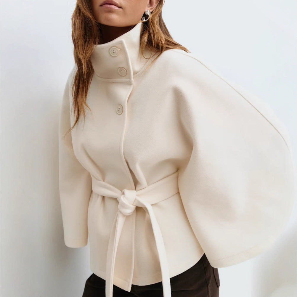 Ottilie | Elegant Belted Cape Coat with Stand Collar and Button Closure