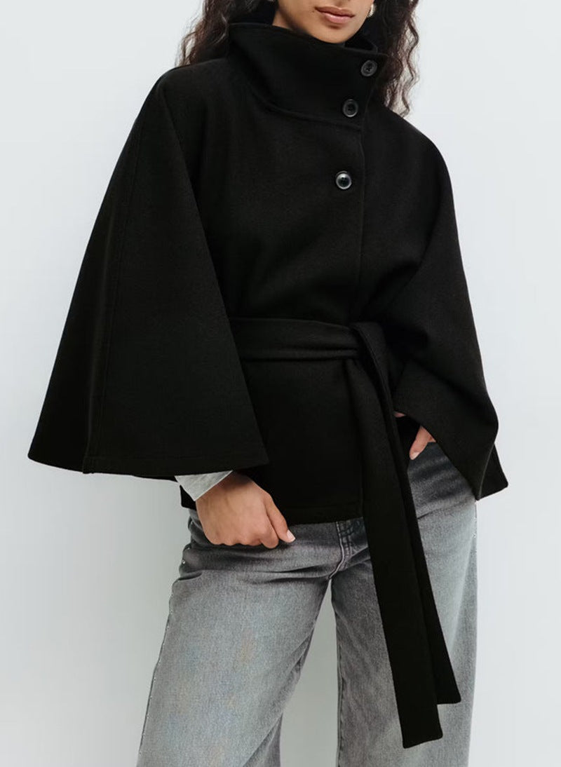 Ottilie | Elegant Belted Cape Coat with Stand Collar and Button Closure