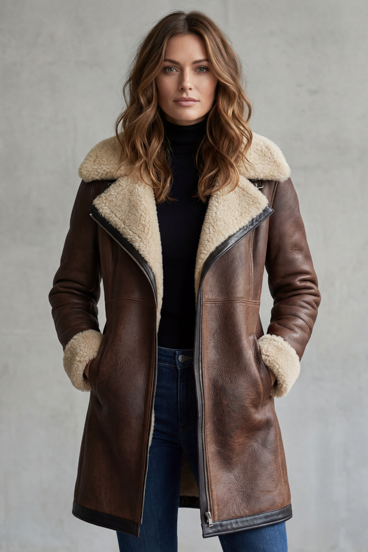 Isabelle | Women's Elegant Leather Coat with Shearling Lining