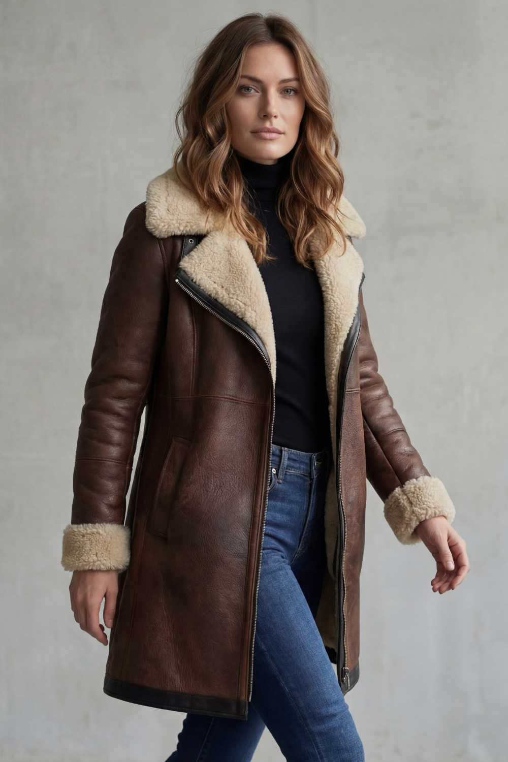 Isabelle | Women's Elegant Leather Coat with Shearling Lining