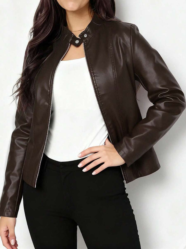 Tallulah | Fitted Leather Biker Jacket with Stand Collar and Panel Seams