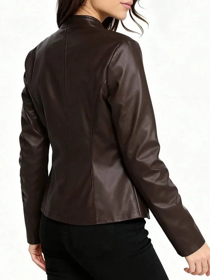 Tallulah | Fitted Leather Biker Jacket with Stand Collar and Panel Seams