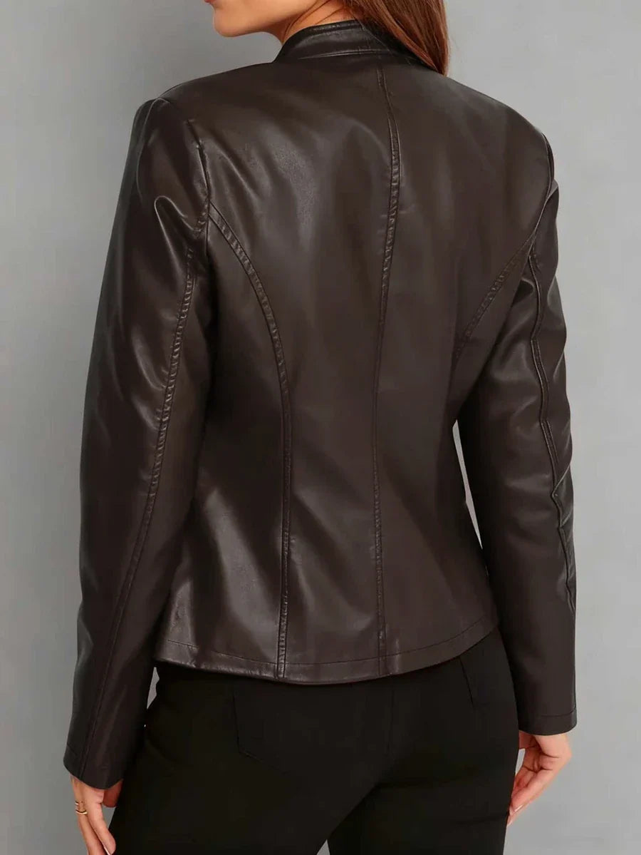 Tallulah | Fitted Leather Biker Jacket with Stand Collar and Panel Seams