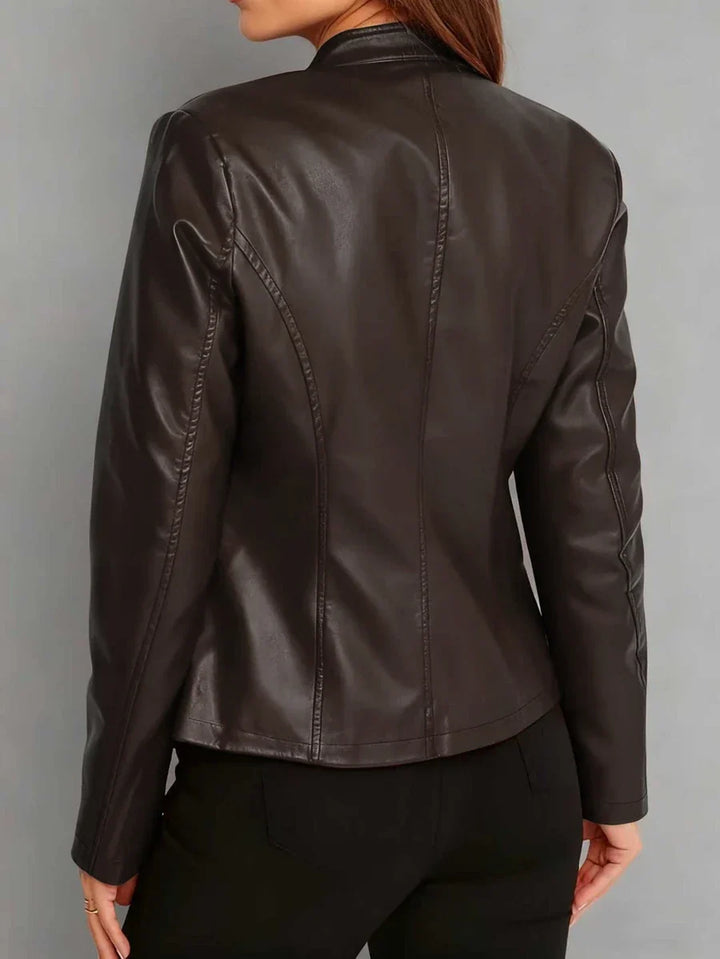 Tallulah | Fitted Leather Biker Jacket with Stand Collar and Panel Seams