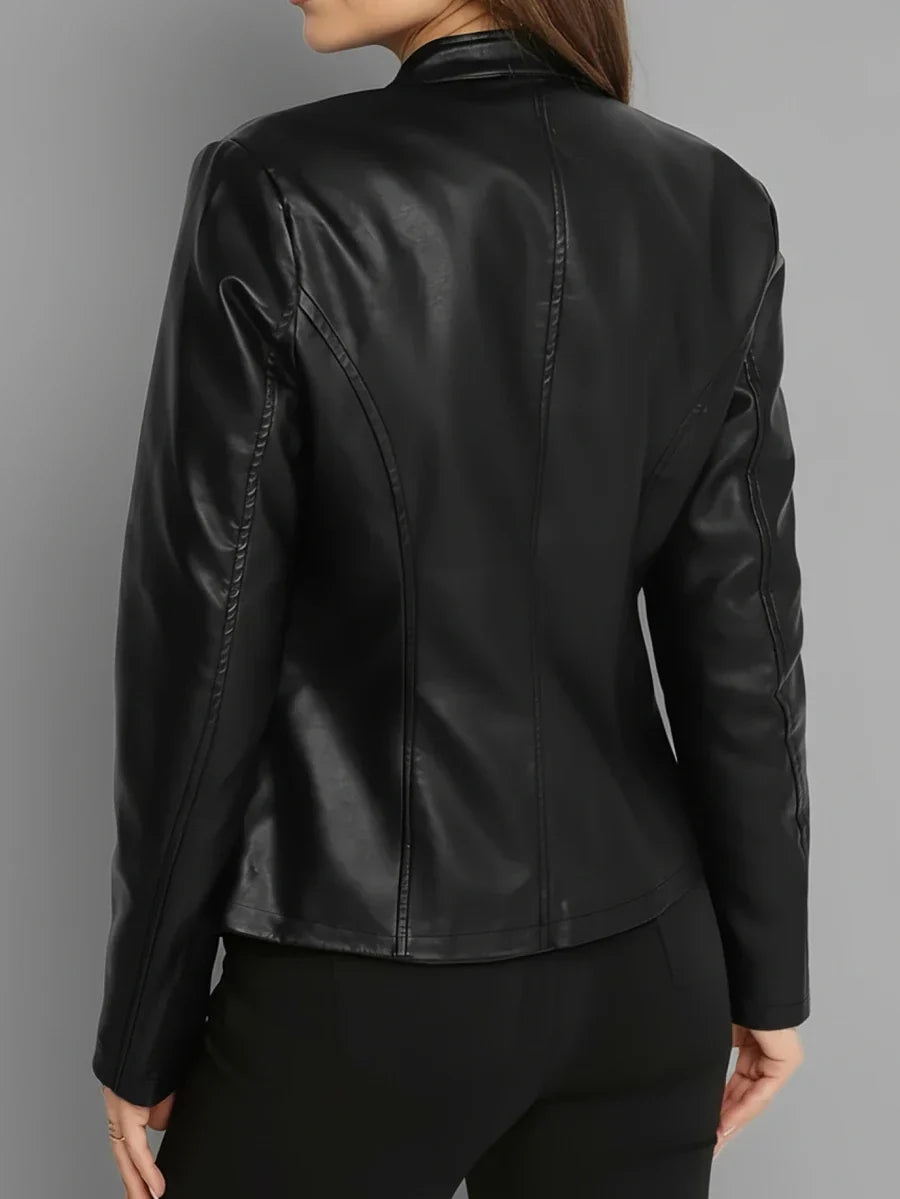 Tallulah | Fitted Leather Biker Jacket with Stand Collar and Panel Seams