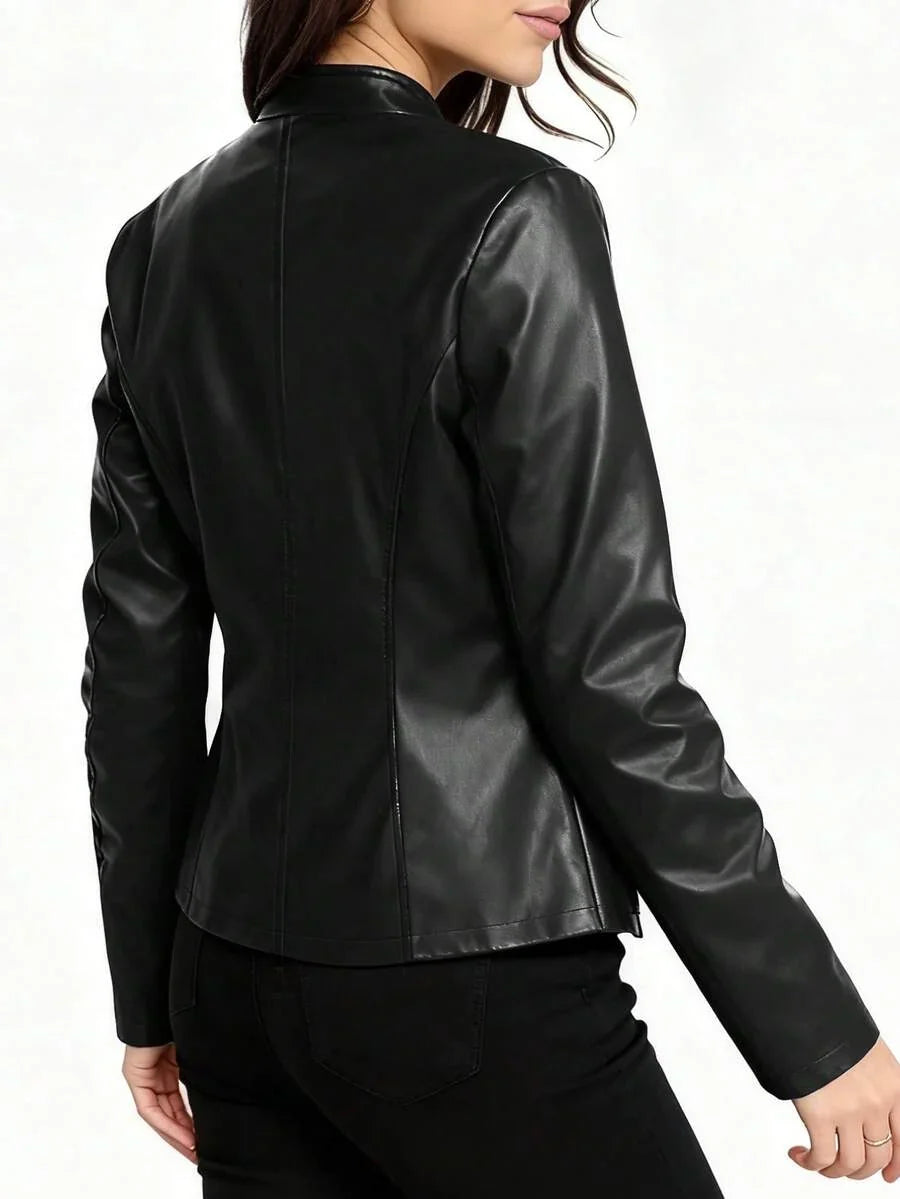 Tallulah | Fitted Leather Biker Jacket with Stand Collar and Panel Seams