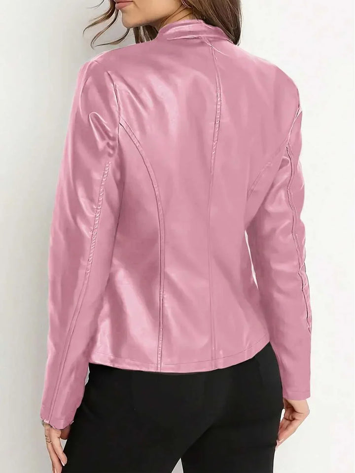 Tallulah | Fitted Leather Biker Jacket with Stand Collar and Panel Seams