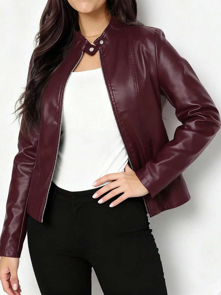 Tallulah | Fitted Leather Biker Jacket with Stand Collar and Panel Seams