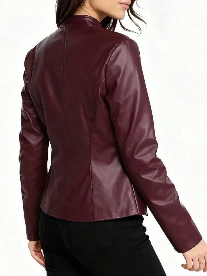 Tallulah | Fitted Leather Biker Jacket with Stand Collar and Panel Seams
