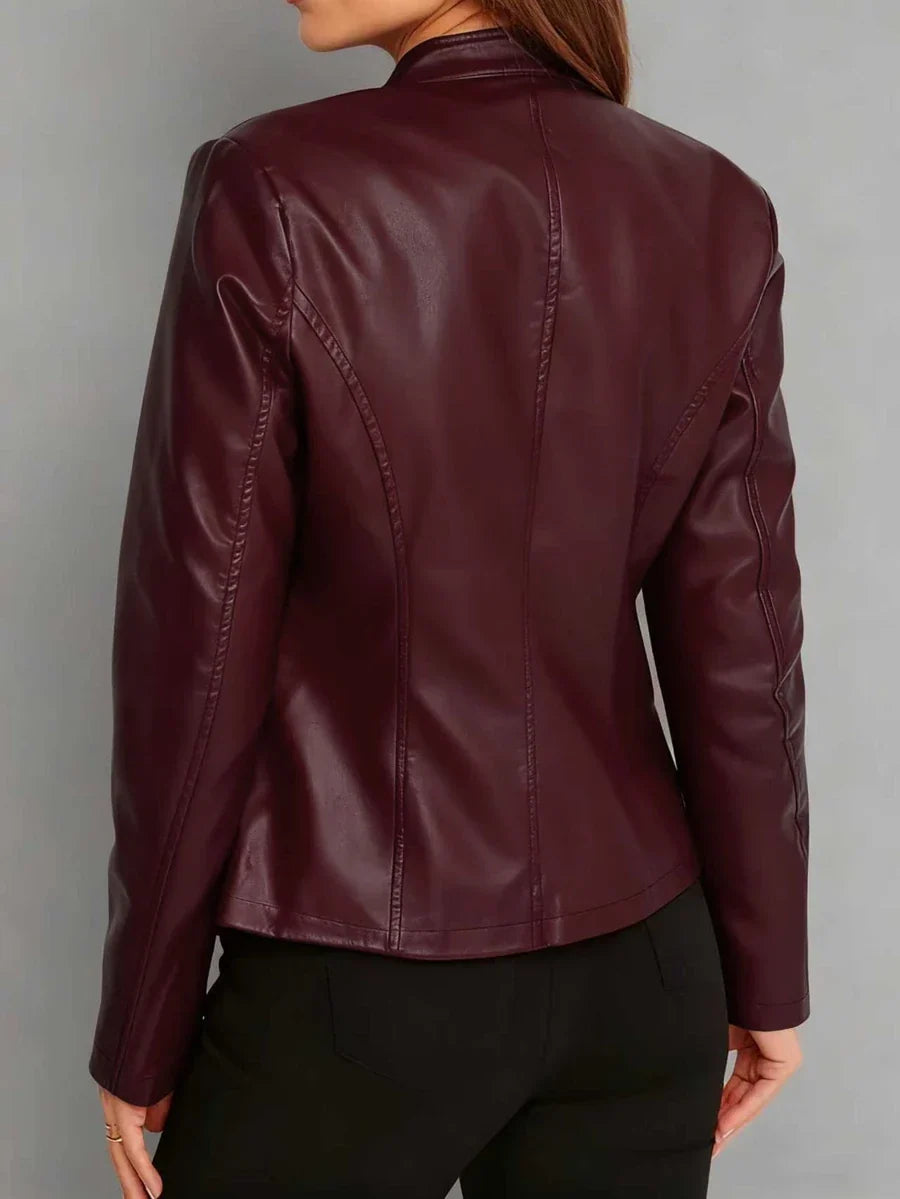 Tallulah | Fitted Leather Biker Jacket with Stand Collar and Panel Seams