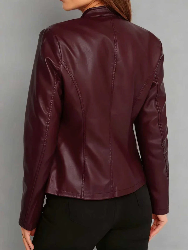 Tallulah | Fitted Leather Biker Jacket with Stand Collar and Panel Seams