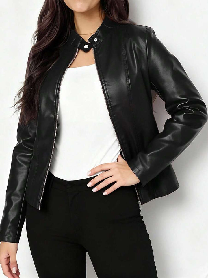 Tallulah | Fitted Leather Biker Jacket with Stand Collar and Panel Seams