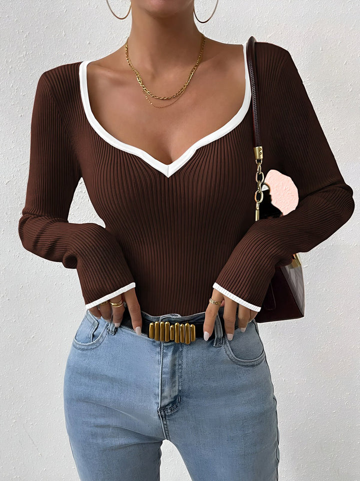 Viola | Fitted Ribbed Knit Sweater with V-Neckline