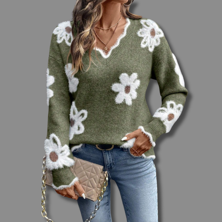 Nora | Women’s Knit Sweater with Daisy Print