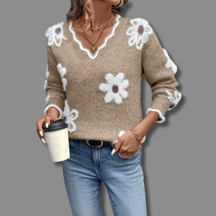 Nora | Women’s Knit Sweater with Daisy Print