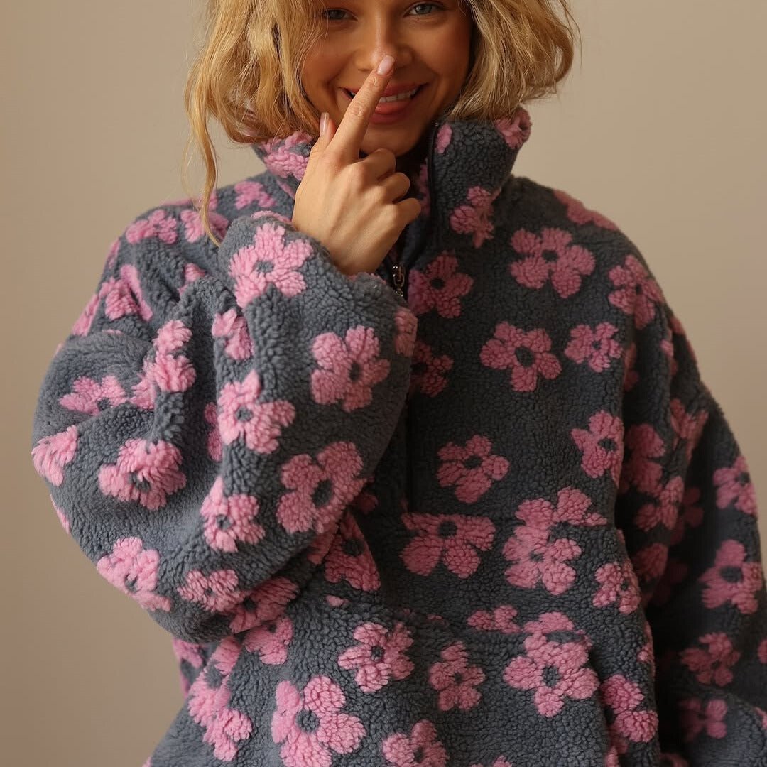 Mabli | Women's Oversized Floral Teddy Fleece Jacket with Half Zip