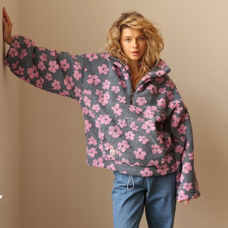 Mabli | Women's Oversized Floral Teddy Fleece Jacket with Half Zip