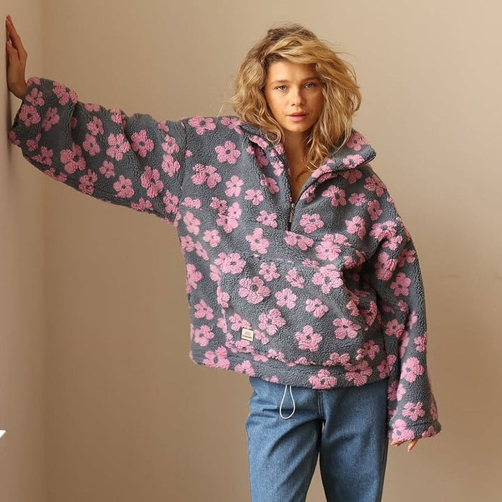 Mabli | Women's Oversized Floral Teddy Fleece Jacket with Half Zip