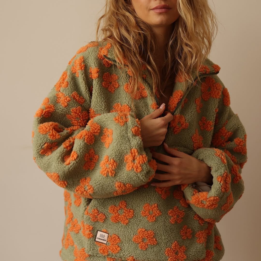 Mabli | Women's Oversized Floral Teddy Fleece Jacket with Half Zip