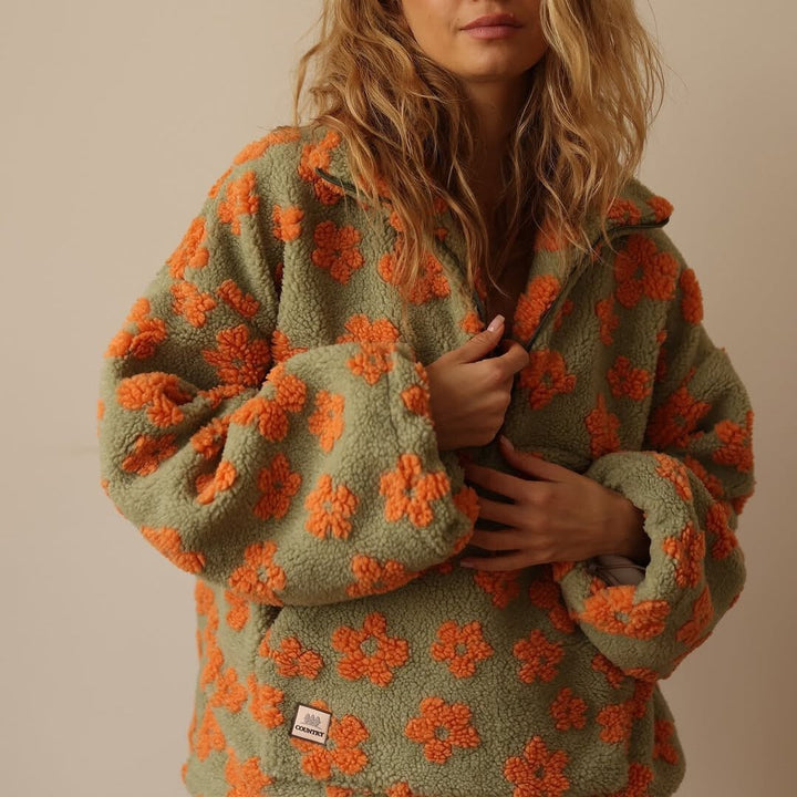 Mabli | Women's Oversized Floral Teddy Fleece Jacket with Half Zip