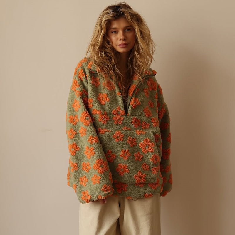 Mabli | Women's Oversized Floral Teddy Fleece Jacket with Half Zip