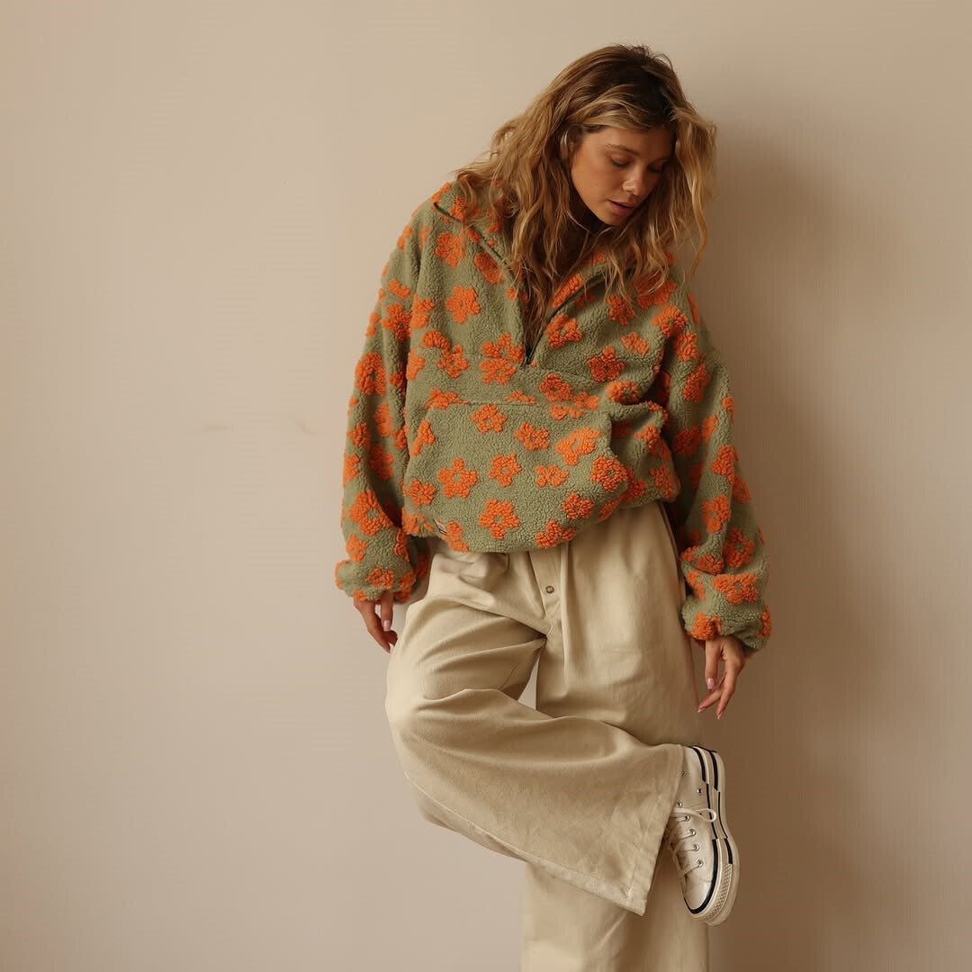 Mabli | Women's Oversized Floral Teddy Fleece Jacket with Half Zip