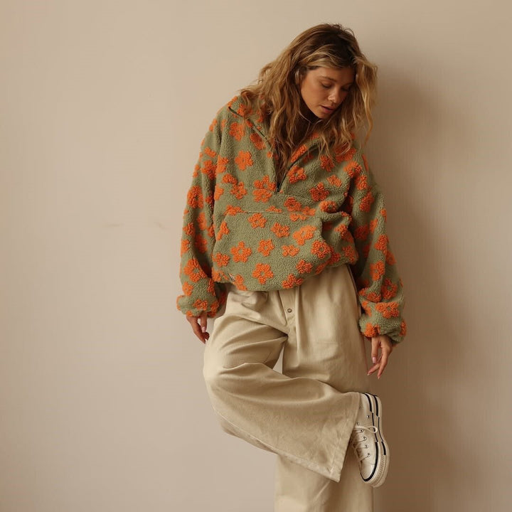 Mabli | Women's Oversized Floral Teddy Fleece Jacket with Half Zip